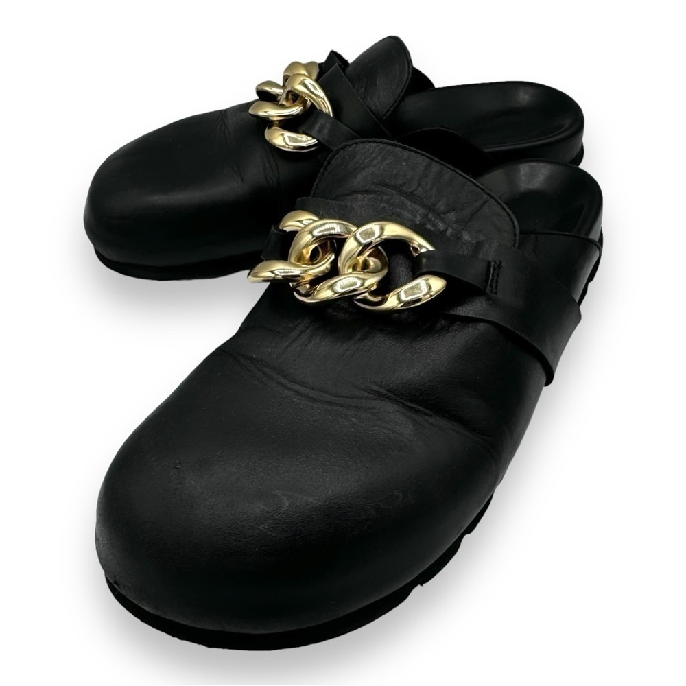 Alohas Fireplace Chain Leather Clogs Flats, Black, Size 39 EUR/8.5 US